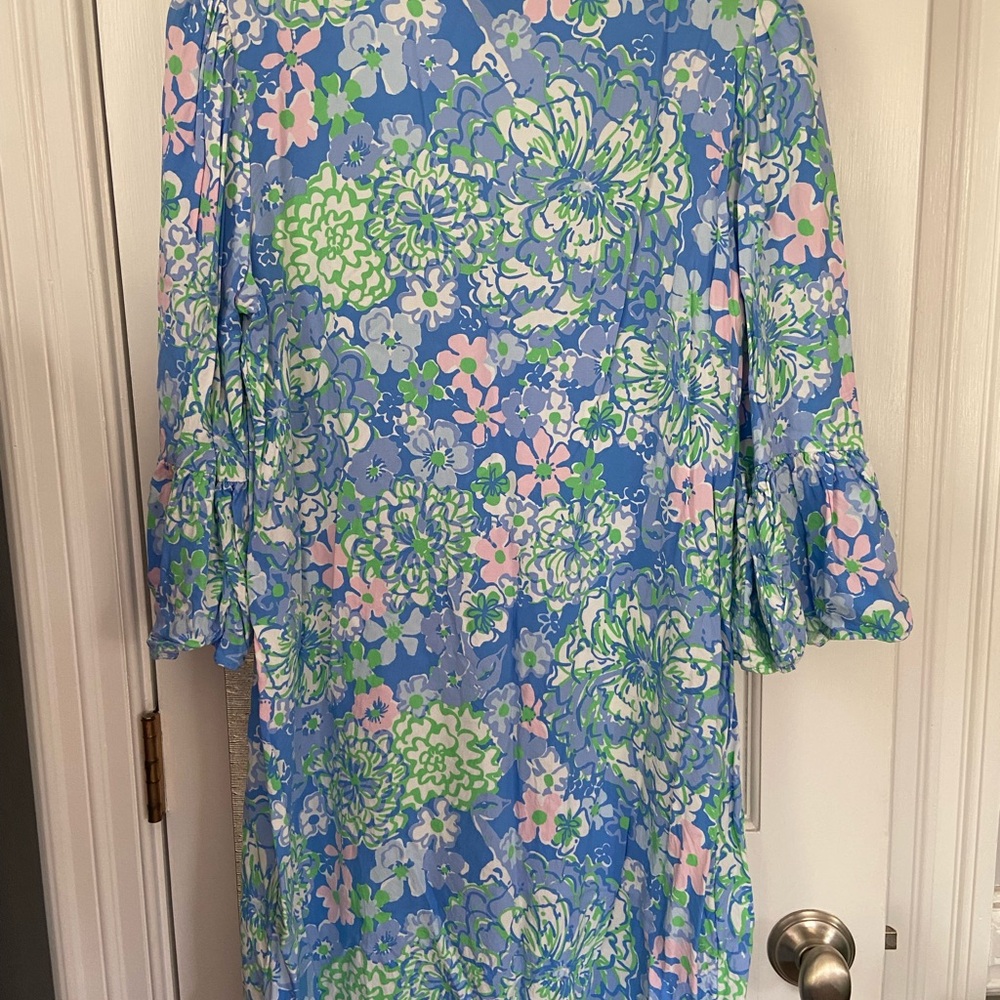 Lilly Pulitzer Blue Floral V-Neck Long Sleeve Dress. Size 10 VGUC - Picture 4 of 4